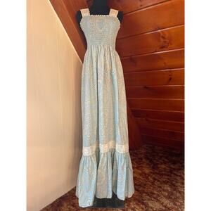 Vintage 70s Blue Paisley Print Maxi Dress with Lace and Smocked Top sz M